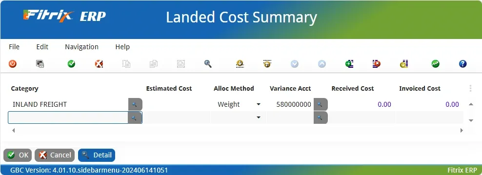 Landed cost summary