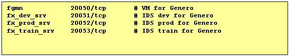 Text Box: fgmn            20050/tcp       # VM for Genero
fx_dev_srv      20051/tcp       # IDS dev for Genero
fx_prod_srv     20052/tcp       # IDS prod for Genero
fx_train_srv    20053/tcp       # IDS train for Genero
